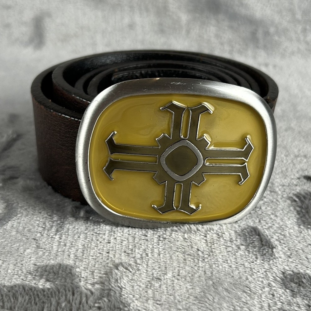 NEXT Brown Leather Belt Oval Cross Silver Tone Medium 32-35" Latch Buckle